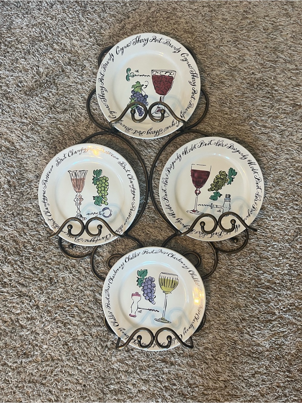 Decorative Wine Glass Plate Set - White with Multicolor Designs with plate holde